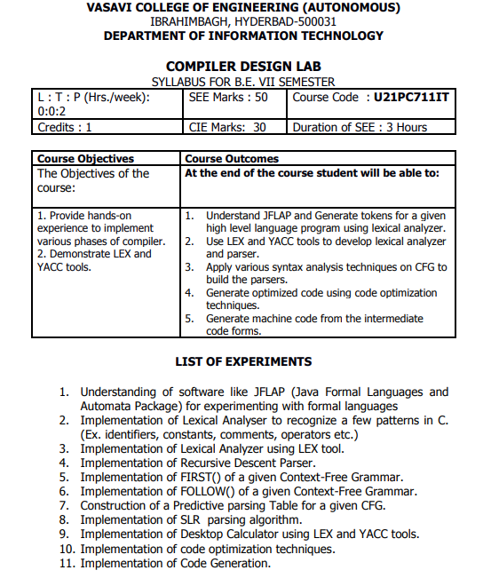 Compiler Design Lab-IT-A-VII-SEM